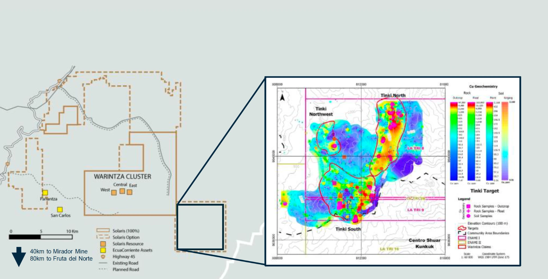 Map of the Warintza Cluster in Ecuador with Solaris claims, adjacent EcuaCorriente assets and the Tinki target copper geochemistry inset